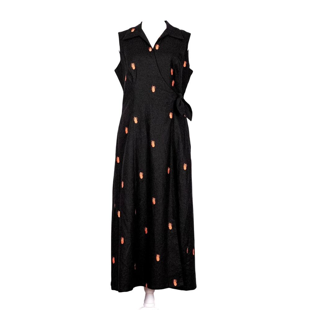 Classic Linen Blend Wrap Dress w/ AO Pineapple Embroidery Women's SZ 6 Tropical